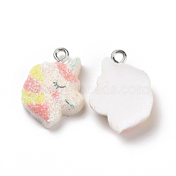 Opaque Resin Pendants, with Glitter Powder and Platinum Tone Iron Loops, Unicorn Charm, Colorful, 19x16x5.5mm, Hole: 2mm(RESI-J023-14E)