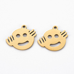 Ion Plating(IP) 201 Stainless Steel Pendants, Cut, Flat Round with Expression, Golden, 14x17x1mm, Hole: 1.4mm(STAS-Q240-071G)