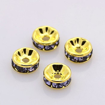 Brass Rhinestone Spacer Beads, Grade A, Straight Flange, Golden Metal Color, Rondelle, Tanzanite, 6x3mm, Hole: 1mm
