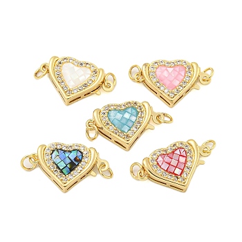 Rack Plating Brass Micro Pave Cubic Zirconia & Shell & Enamel Box Clasps, Cadmium Free & Lead Free, Long-Lasting Plated, Heart, Mixed Color, 11.5x18.5x4mm, Hole: 2.5mm