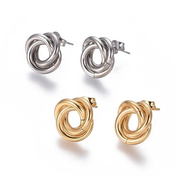 304 Stainless Steel Stud Earrings, Hypoallergenic Earrings, Interlocking Rings, with Ear Nuts, Golden & Stainless Steel Color, 13mm, Pin: 0.8mm, 6pairs/card