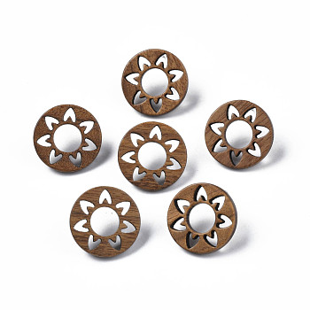 Donut with Flower Walnut Wood Stud Earrings with 316 Stainless Steel Pin for Women, Tan, 18mm, Pin: 0.7mm