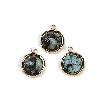 Natural African Turquoise(Jasper) Faceted Flat Round Charms, with Ion Plating(IP) 304 Stainless Steel Findings, Real 18K Gold Plated, 10.5x8.5x4mm, Hole: 1.2mm