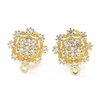Flower Brass Micro Pave Cubic Zirconia Stud Earrings Finding, with Horizontal Loops, Cadmium Free & Lead Free, Real 18K Gold Plated, 18x15.5mm, Hole: 1.6mm, Pin: 0.8mm