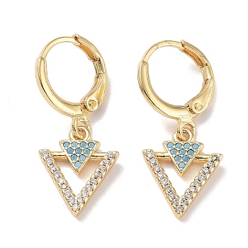 Real 18K Gold Plated Brass Dangle Leverback Earrings, with Cubic Zirconia, Triangle, Sky Blue, 27x11.5mm