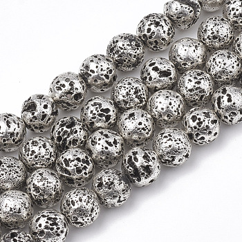 Electroplated Natural Lava Rock Beads Strands, Round, Bumpy, Dark Gray, 6~6.5mm, Hole: 1mm, about 63pcs/strand, 15.5 inch