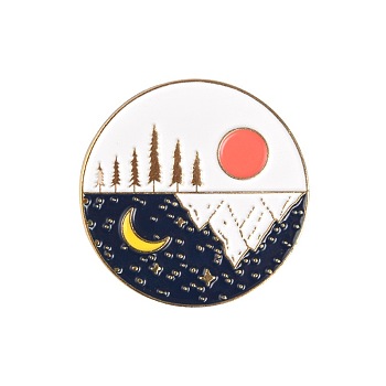 Creative Zinc Alloy Brooches, Enamel Lapel Pin, with Iron Butterfly Clutches or Rubber Clutches, Electrophoresis Black Color, Flat Round with Sun & Moon Pattern, Golden, 30.5x30.5mm, Pin: 1mm