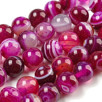 Natural Striped Agate/Banded Agate Bead Strands, Round, Grade A, Dyed & Heated, Deep Pink, 10mm, Hole: 1mm, about 37pcs/strand, 15 inch