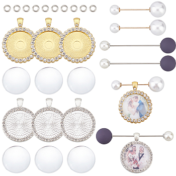 DIY Flat Round Pendant Brooch Making Kits, Including Alloy Rhinestone Pendant Cabochons Settings, Glass Cabochons, Alloy Safety Brooches, Golden & Silver, 26Pcs/box