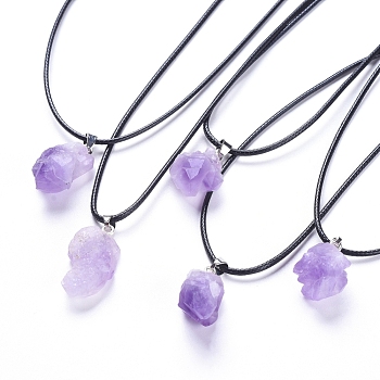 Natural Amethyst Pendant Necklaces, with Wax Cord and Iron Curb Chains, 17.59 inch(44.7cm), 1.5mm