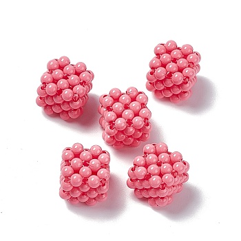Handmade Opaque Plastic Woven Beads, No Hole Bead, Cube, Camellia, 15.5x15.5x15.5mm