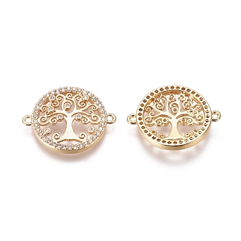 Brass Micro Pave Cubic Zirconia Links connectors, Flat Round with Tree of Life, Clear, Golden, 16x20x3mm, Hole: 1mm