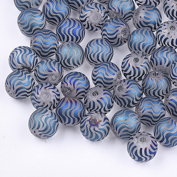 Electroplate Glass Beads, Frosted, Round with Wave Pattern, Blue, 8~8.5mm, Hole: 1.5mm