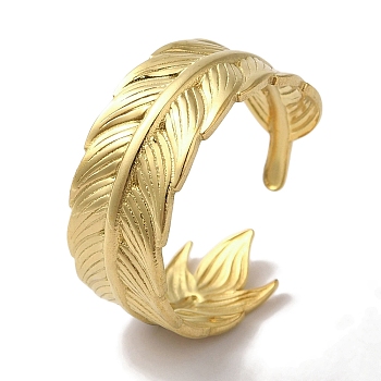 Vacuum Plating 201 Stainless Steel Feather Open Cuff Rings for Women, Real 18K Gold Plated, 8mm, Adjustable