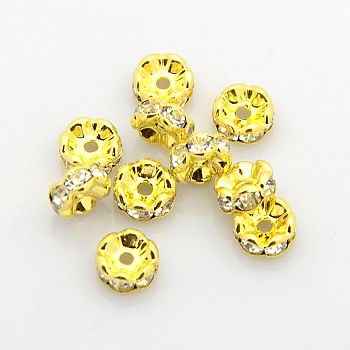 Brass Rhinestone Spacer Beads, Grade AAA, Wavy Edge, Nickel Free, Golden Metal Color, Rondelle, Crystal, 8x3.8mm, Hole: 1.5mm