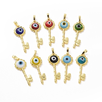 Handmade Evil Eye Lampwork Pendants, with Real 18K Gold Plated Tone Brass Findings, Key Charm, Mixed Color, 33x12x4mm, Hole: 4x6mm