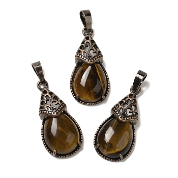 Natural Tiger Eye Pendants, Brass Teardrop Charms, Red Copper, Lead Free & Cadmium Free, 31x15x8mm, Hole: 5x7.5mm