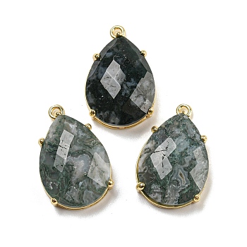 Natural Moss Agate Pendants, Rack Plating Brass Faceted Teardrop Charms, Golden, 24~24.5x16~16.5x7mm, Hole: 1.5mm