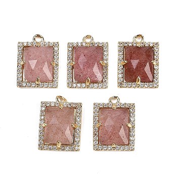 Natural Strawberry Quartz Faceted Rectangle Pendants, Rack Plating Brass Micro Pave Cubic Zirconia Charms, Golden, 15.5x11.5x4.5mm, Hole: 1.4mm