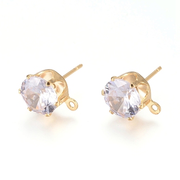 Brass Stud Earring Findings, with 316 Surgical Stainless Steel Pin, Cubic Zirconia and Loop, Long-Lasting Plated, Flat Round, Real 18K Gold Plated, Clear, 10x8x6mm, Hole: 1mm, Pin: 0.7mm