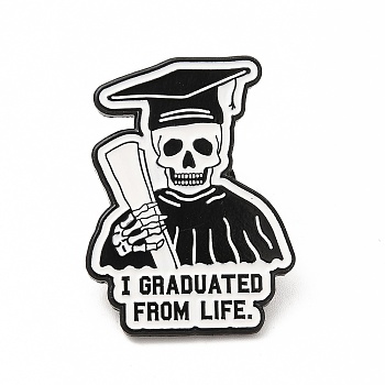 Graduation Theme Word Enamel Pin, Electrophoresis Black Alloy Brooch for Backpack Clothes, Skull, 31x23x1.5mm