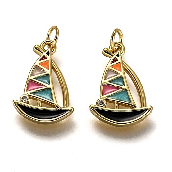 Brass Enamel Charms, Long-Lasting Plated, Real 18K Gold Plated, with Jump Ring, Sailboat, Colorful, 15x10x1.6mm, Hole: 2.6mm