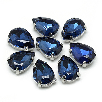 Sew on Rhinestone, Multi-strand Links, Glass Rhinestone, with 201 Stainless Steel Prong Settings, Garments Accessories, Faceted, teardrop, Prussian Blue, 14x10x6mm, Hole: 0.8~1mm
