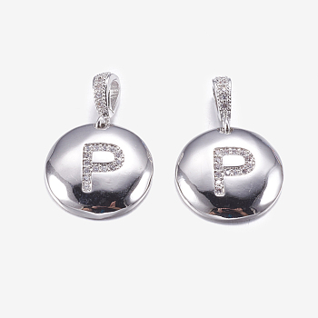 Brass Pendants, with Cubic Zirconia, Cadmium Free & Lead Free, Flat Round with Letter, Platinum, Letter.P, 22mm, Hole: 2x3mm, Pendant: 15x3mm