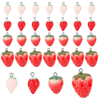 32Pcs 4 Styles Opaque Resin Pendants, Simulation Strawberry Charm, with Platinum Tone Alloy Loops, Mixed Color, 20~30x11~20mm, Hole: 2mm, 8pcs/style