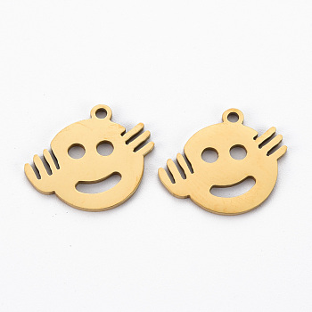 Ion Plating(IP) 201 Stainless Steel Pendants, Cut, Flat Round with Expression, Golden, 14x17x1mm, Hole: 1.4mm