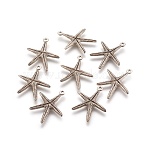 Metal Alloy Pendants, Lead Free and Cadmium Free & Nickel Free, Starfish/Sea Stars, Antique Silver, 26x20x2.5mm, Hole: 2mm(PALLOY-K968-AS)