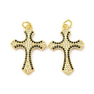Brass with Cubic Zirconia Pendant, Cross, Real 16K Gold Plated, 28x19x1.7mm(FIND-Z023-08E)