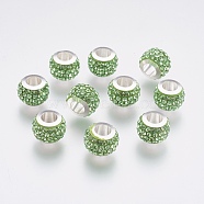 304 Stainless Steel European Beads, with Polymer Clay Rhinestone, Large Hole Beads, Rondelle, Peridot, 11x7.5mm, Hole: 5mm(CPDL-E045-A06)