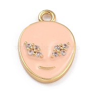 Golden Plated Brass Micro Pave Clear Cubic Zirconia Pendants, with Enamel, Long-Lasting Plated, Extra-terrestrial, PeachPuff, 17x11.5x2mm, Hole: 1.6mm(ZIRC-L097-031D-G)