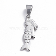 201 Stainless Steel Pendants, Mermaid, Stainless Steel Color, 26x9.5x1.5mm, Hole: 3.5x7mm(STAS-O113-09P)