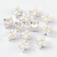 Alloy Enamel European Beads, Large Hole Beads, Flower, Silver Color Plated, White, 10x10x8mm, Hole: 5mm(MPDL-R006-06)
