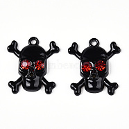 Baking Paint Alloy Rhinestone Pendants, Cadmium Free & Nickel Free & Lead Free, Black Skull Charms, Black, 21.5x19x4mm, Hole: 1.6mm(PALLOY-N176-109A)