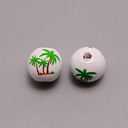 Spray Painted Natural Wood Beads, Round with Green Coconut Tree Pattem, White, 15.5mm, Hole: 3.5mm(WOOD-TAC0011-31)