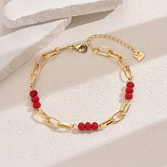 Fashionable Vintage Brass Oval & Glass Faceted Rondelle Beaded Anklets, Real 18K Gold Plated, Red, 8-5/8 inch(220mm)(ZC8020-6)