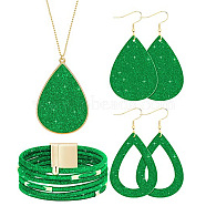 Textured Imitation Leather Teardrop Pendant Necklace & Dangle Earrings & Multi-Strand Bracelet, Golden Alloy Jewelry Set for Women, Lime Green, 850mm, 78x37mm, 80x39mm, 192mm In Diameter(JX529G)