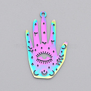 Ion Plating(IP) 201 Stainless Steel Pendants, Laser Cut, Palm with Eye, Rainbow Color, 30x18x1mm, Hole: 1.6mm(STAS-T056-LA471)