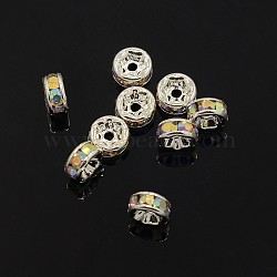 Brass Rhinestone Spacer Beads, Grade AAA, Straight Flange, Nickel Free, Silver Color Plated, Rondelle, Crystal AB, 6x3mm, Hole: 1mm(X-RB-A014-Z6mm-28S-NF)