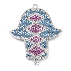 Rack Plating Brass Micro Pave Colorful Cubic Zirconia Religion Hamsa Hand Connector Charms, Long-Lasting Plated, Lead Free & Cadmium Free, Platinum, 28.5x23.5x2mm, Hole: 1.2mm(KK-A234-048P)