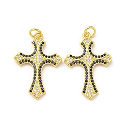 Brass with Cubic Zirconia Pendant, Cross, Real 16K Gold Plated, 28x19x1.7mm(FIND-Z023-08E)