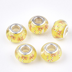 Resin European Beads, Large Hole Beads, with Brass Cores, Christmas Style, Rondelle, Silver Color Plated, Yellow, 13.5~14x9~9.5mm, Hole: 5mm(RPDL-S014-24)