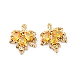 Brass Micro Pave Cubic Zirconia Pendants, with Glass, Long-Lasting Plated, Leaf, Golden, 18x15x3mm, Hole: 1.2mm(KK-P250-42G)