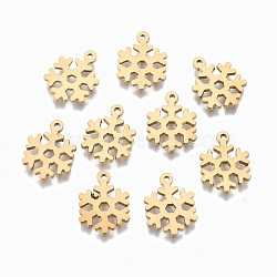 304 Stainless Steel Charms, Laser Cut, Snowflake, for Christmas, Real 14K Gold Plated, 13x9.5x1mm, Hole: 1mm(STAS-S116-079G)