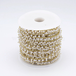 Handmade Imitation Pearl ABS Beaded Chains, Soldered, with Spool, with Brass Rack Plating Findings, Golden, 7x3mm, about 82.02 Feet(25m)/roll(CHC-O003-12G)