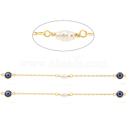 Brass Cable Chains, with Rice Glass and Evil Eyes Enamel, Long-Lasting Plated, Real 18K Gold Plated, Soldered, with Spool, Prussian Blue, Link: 2x1.5x0.3mm, Eye: 12x7x3mm, Rice: 15x4mm, about 32.8 Feet(10m)/roll(CHC-I031-09A)