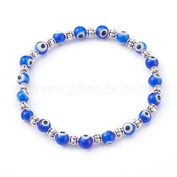 Handmade Round Evil Eye Lampwork Beaded Stretch Bracelets, with Alloy Spacer Beads, Antique Silver, Blue, Inner Diameter: 2 inch(5.2cm)(BJEW-JB05974-02)
